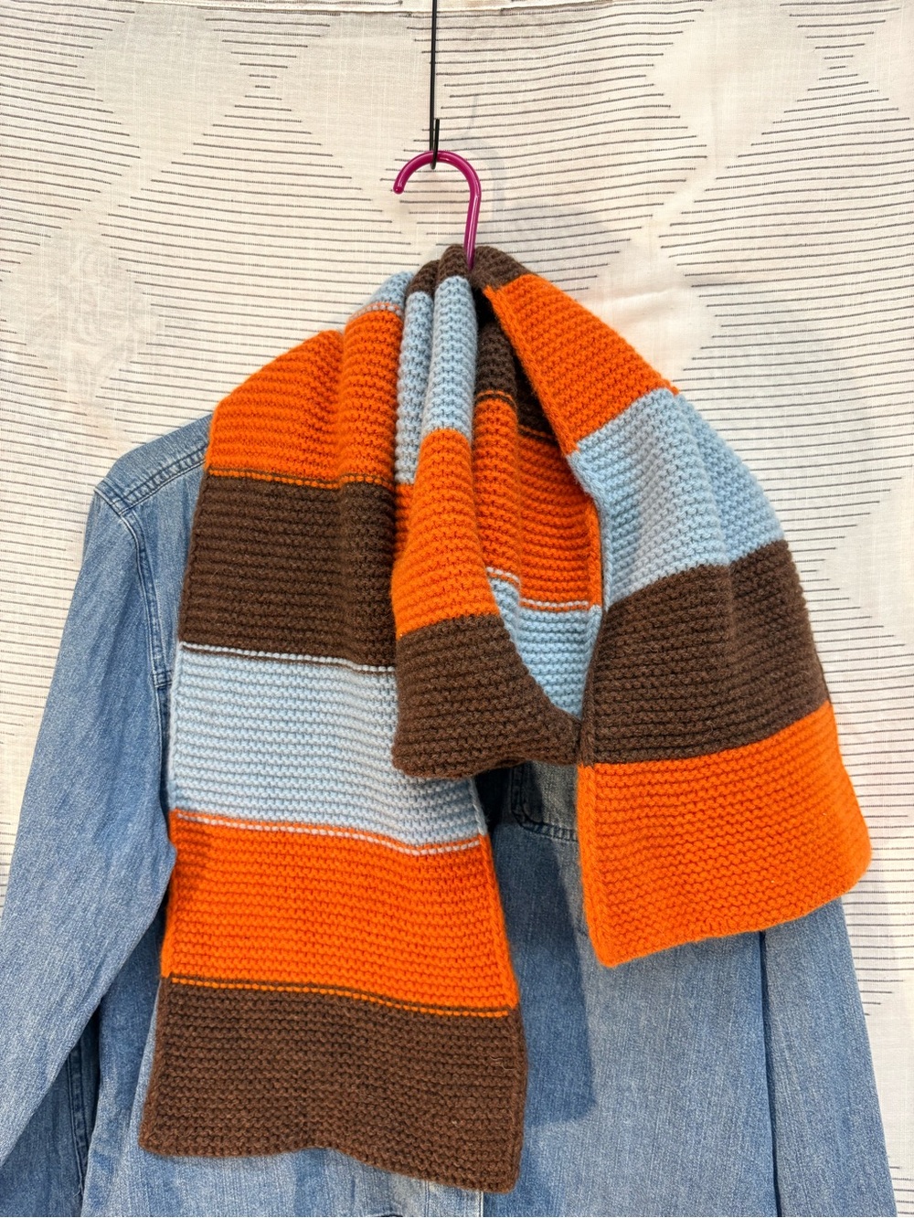 Retro Boho Lagenlook Cozy Orange, Brown & Light Blue Scarf